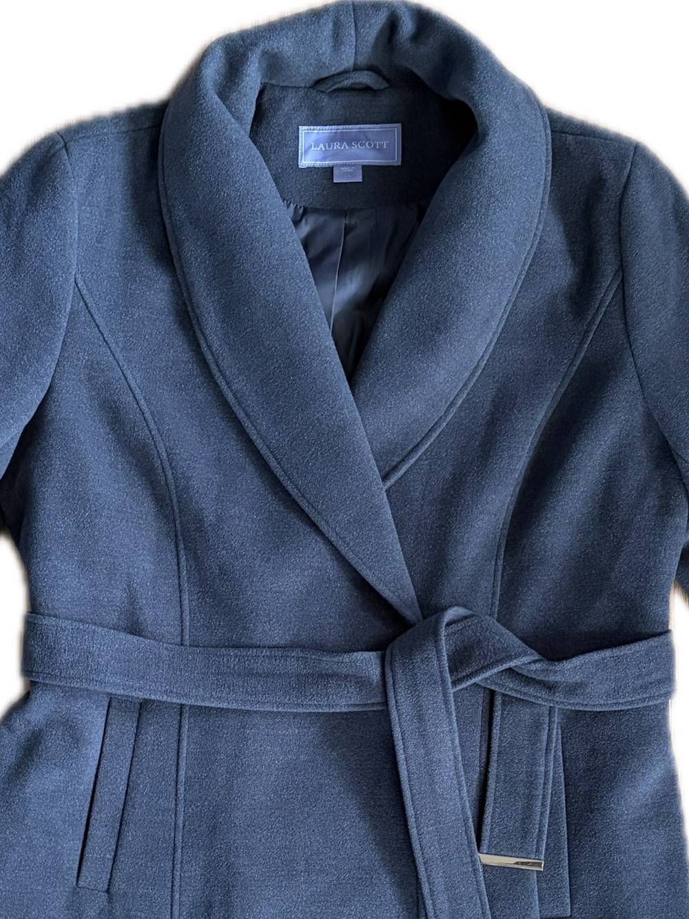 Laura Scott Navy Shawl-Collar Belted Trench Coat